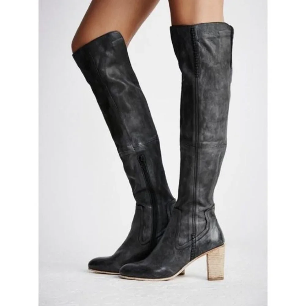 FREE PEOPLE Jack Over-the-Knee Tall Heel Boot 36 Leather Distressed Boho Goth